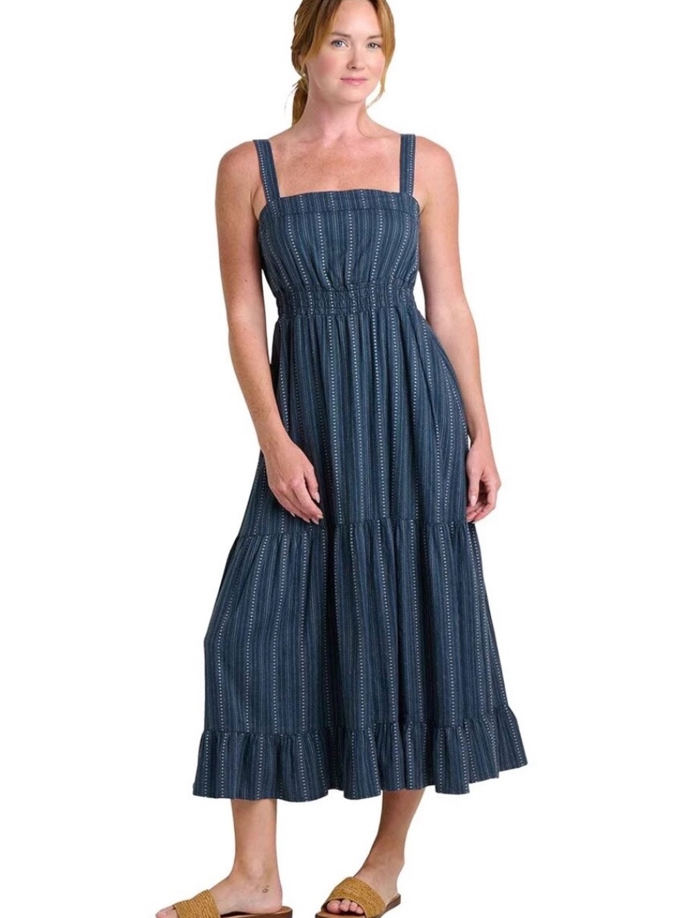Toad&Co Taj Hemp Tiered Midi Sleeveless Dress - Women's Navy Blue Striped